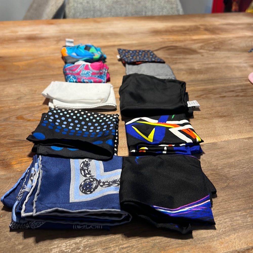 10 pocket squares all purchased from Harry Rosen.